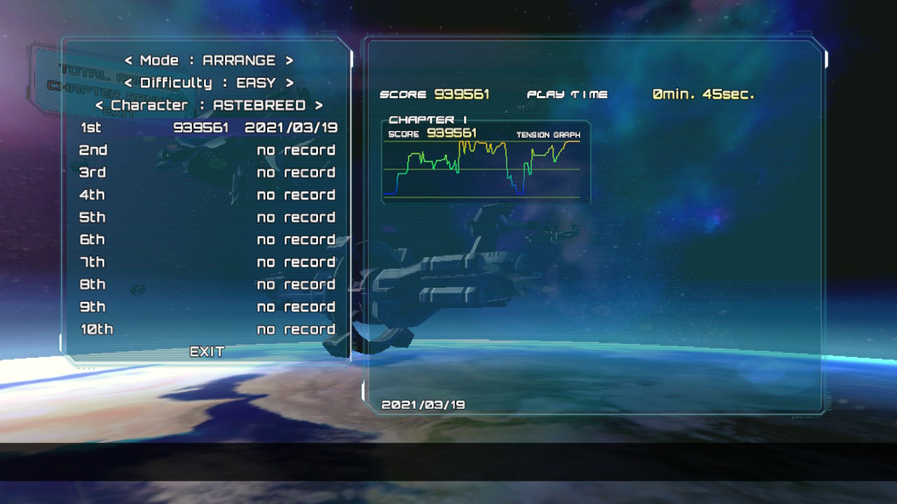 Screenshot: Astebreed local leaderboards of Arrange mode on Easy difficulty, using the Astebreed character showing a score of 939 561 at 1st place